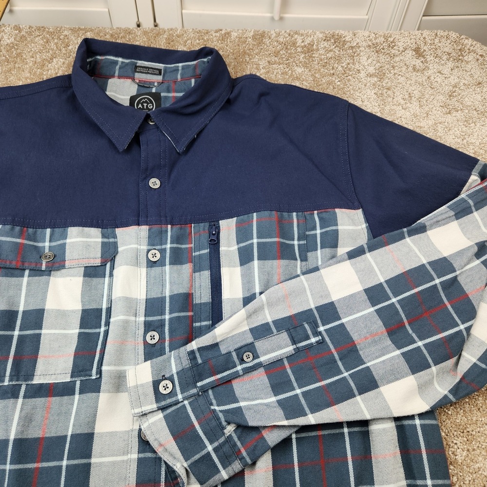 ATG Wrangler Mens XL Flannel Shirt Navy Blue‎ Plaid All Terrain Gear Regular Fit